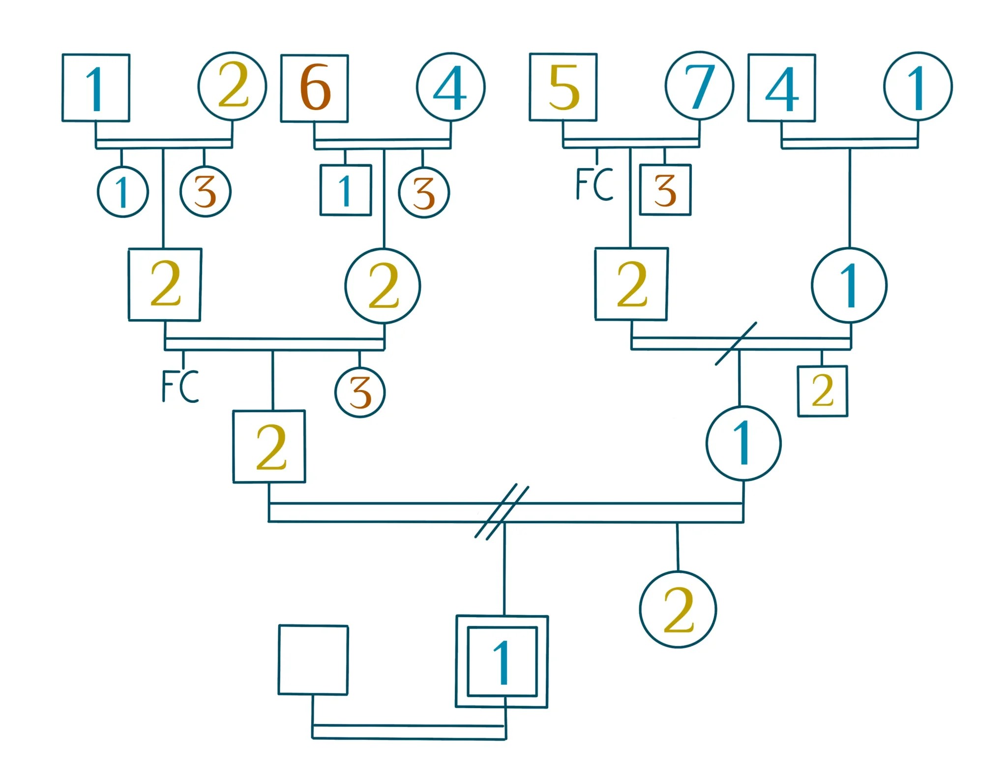 Socio-génogramme, graphique retraçant l'image que j'ai de ma famille à l'instant présent, sur 4 générations.
